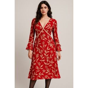 VTG 90s Y2K Red Silk Babydoll Boho Whimsigoth Beaded Bias Cut Chiffon Midi Dress